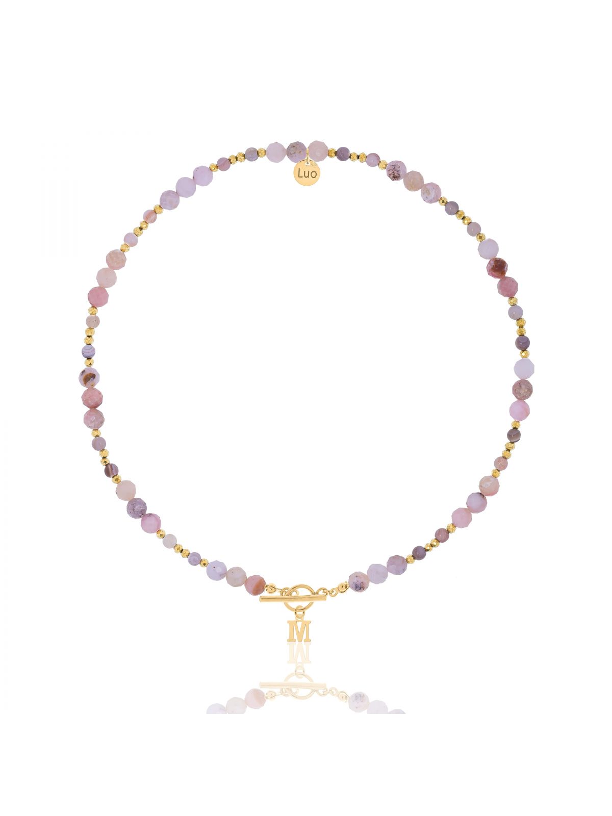 Naszyjnik z opalu różowego i agatu botswana z literką