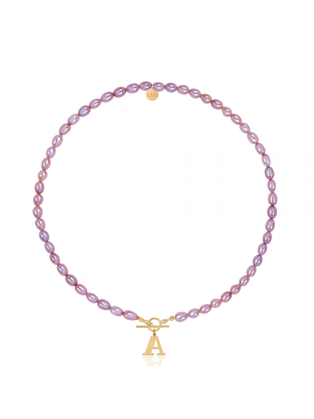 Naszyjnik z naturalnych fioletowych pereł z pozłacaną dużą literką