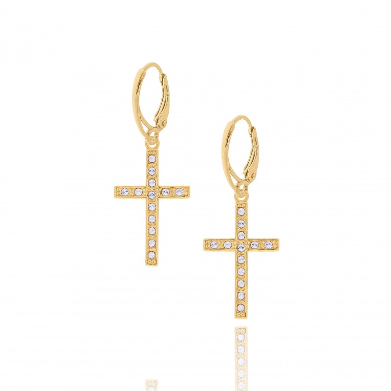 Kolczyki srebrne pozłacane z krzyżami wysadzanymi kryształkami