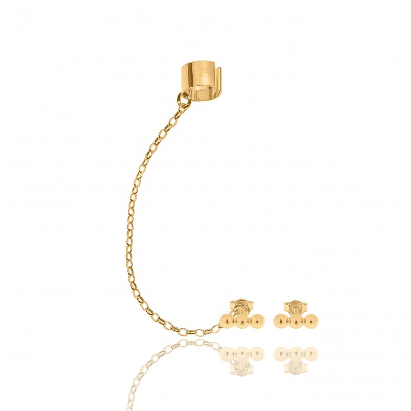 Nausznica srebrna pozłacana z łańcuszkiem i kolczykami kulkami